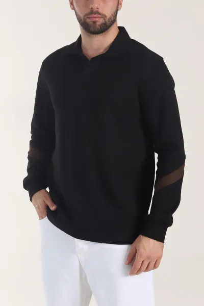 Siyah Polo Yaka Erkek Sweatshirt 406881
