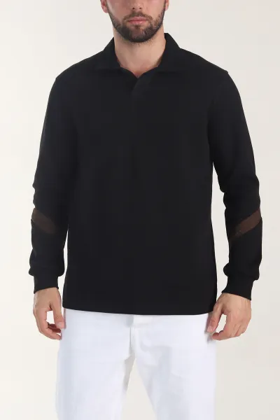 Siyah Polo Yaka Erkek Sweatshirt 406881