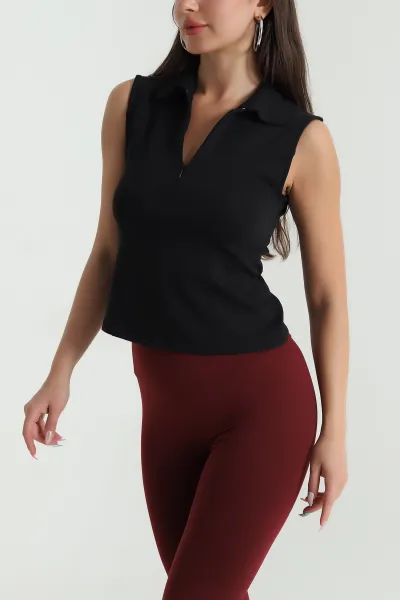 Siyah Polo Yaka Fermuarlı Kadın Body Bluz 467081