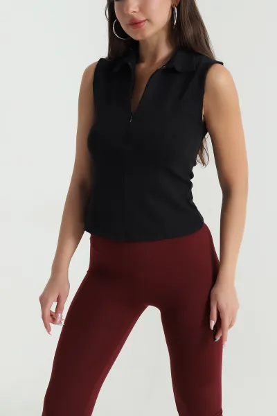 Siyah Polo Yaka Fermuarlı Kadın Body Bluz 467081