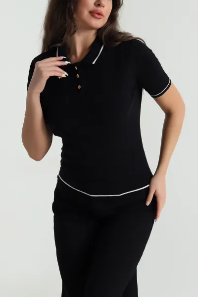 Siyah Polo Yaka Kadın Triko Bluz 484251