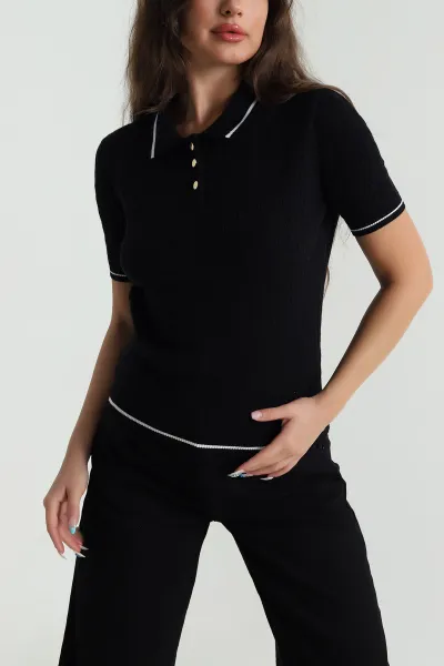 Siyah Polo Yaka Kadın Triko Bluz 484251