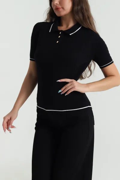 Siyah Polo Yaka Kadın Triko Bluz 484251