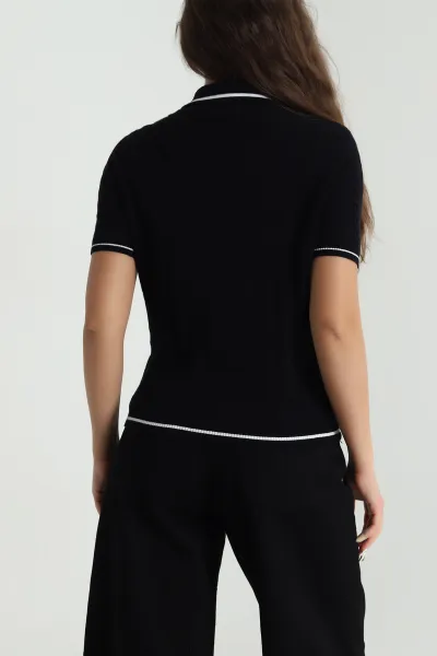 Siyah Polo Yaka Kadın Triko Bluz 484251