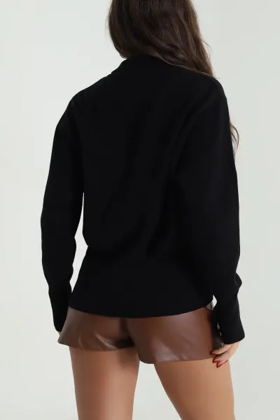 Siyah Polo Yaka Kadın Triko Kazak 489701