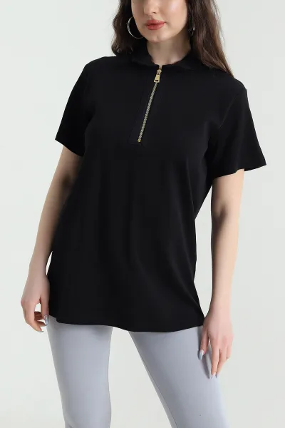 Siyah Polo Yaka Kristal Kadın Bluz 449060