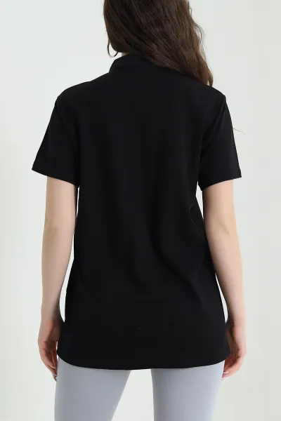 Siyah Polo Yaka Kristal Kadın Bluz 449060