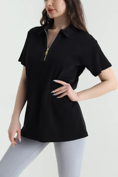 Siyah Polo Yaka Kristal Kadın Bluz 449060