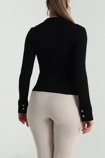 Siyah Polo Yaka Likralı Buzzy Kadın Bluz 496460