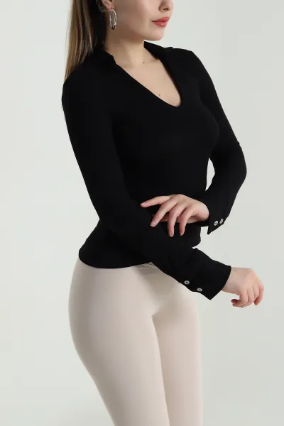 Siyah Polo Yaka Likralı Buzzy Kadın Bluz 496460