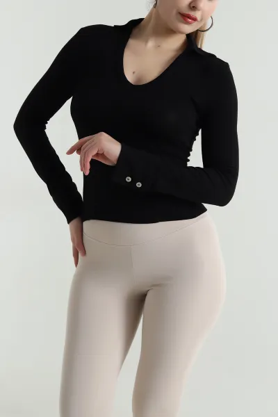 Siyah Polo Yaka Likralı Buzzy Kadın Bluz 496460