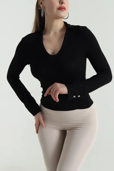Siyah Polo Yaka Likralı Buzzy Kadın Bluz 496460
