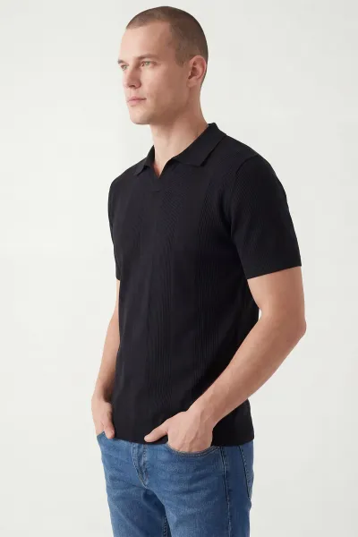 Siyah Polo Yaka Likralı Erkek Triko Tişört 444352