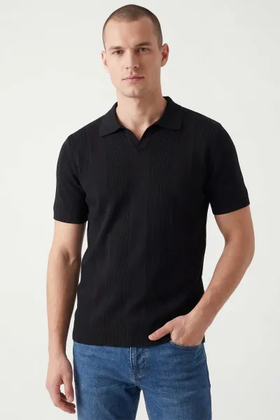 Siyah Polo Yaka Likralı Erkek Triko Tişört 444352