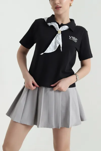 Siyah Polo Yaka Nakışlı Ribana Kadın Tişört 440062