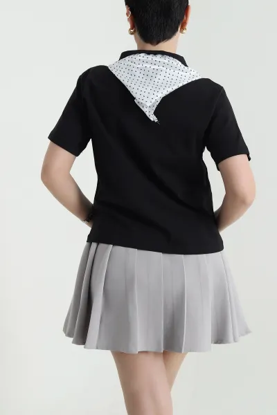Siyah Polo Yaka Nakışlı Ribana Kadın Tişört 440062