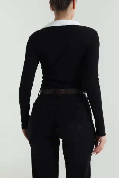 Siyah Polo Yaka Nakışlı Vortex Kadın Bluz 487207