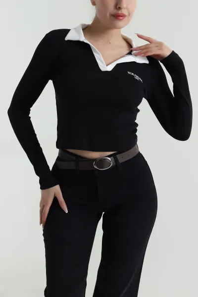 Siyah Polo Yaka Nakışlı Vortex Kadın Bluz 487207