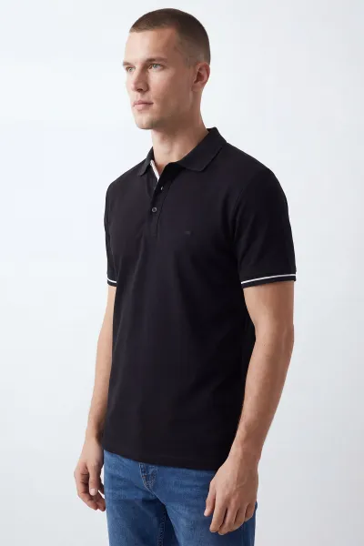 Siyah Polo Yaka Osyho Kumaş Fitilli Erkek Tişört 433121