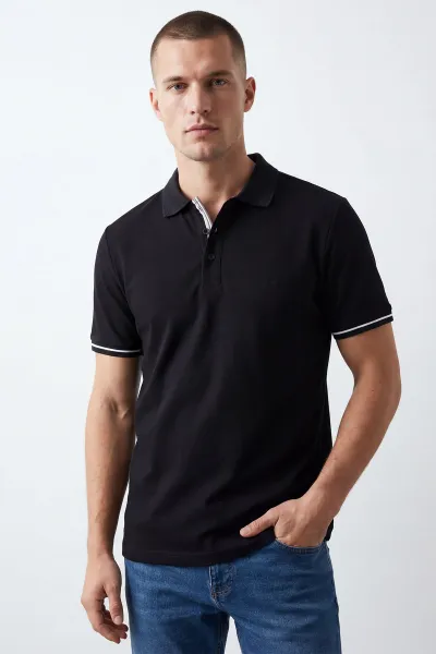 Siyah Polo Yaka Osyho Kumaş Fitilli Erkek Tişört 433121