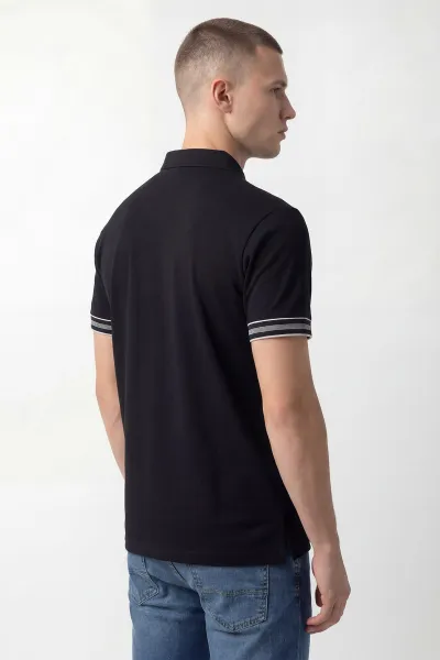 Siyah Polo Yaka Osyho Kumaş Kol Şeritli Erkek Tişört 433135