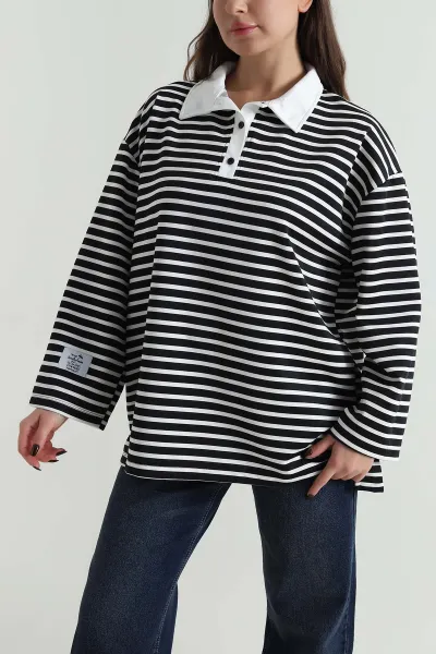 Siyah Polo Yaka Oversize Kadın Modal Bluz 499100