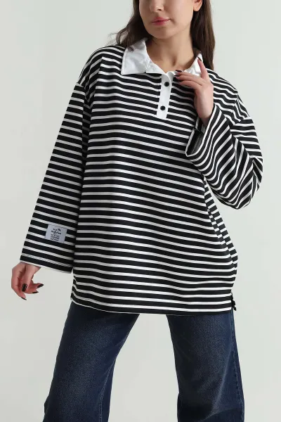 Siyah Polo Yaka Oversize Kadın Modal Bluz 499100