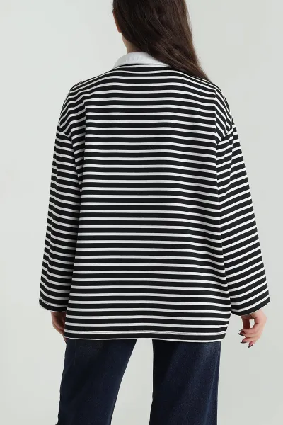 Siyah Polo Yaka Oversize Kadın Modal Bluz 499100
