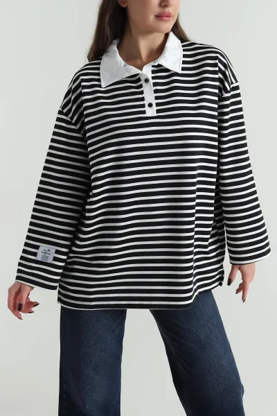 Siyah Polo Yaka Oversize Kadın Modal Bluz 499100