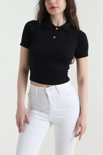 Siyah Polo Yaka Oysho Kadın Bluz 452886
