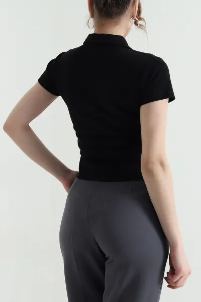 Siyah Polo Yaka Ribana Kadın Bluz 446618