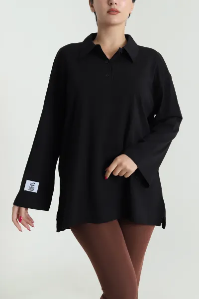 Siyah Polo Yaka Salaş Uzun Kol Kadın Tunik 477256