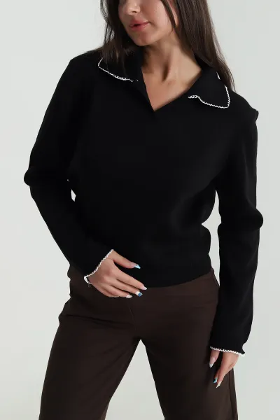 Siyah Polo Yaka Triko Kadın Kazak 483700