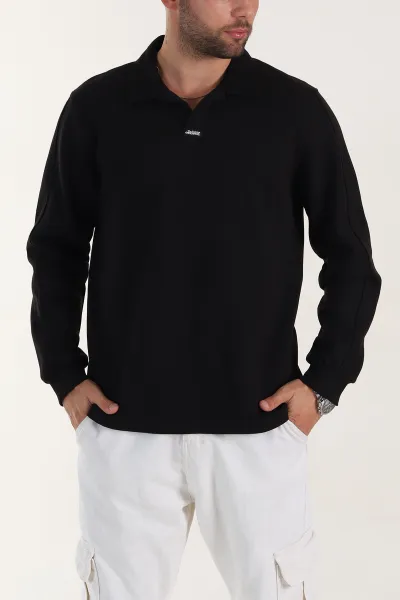 Siyah Polo Yaka Uzun Kollu Erkek Sweatshirt 397135