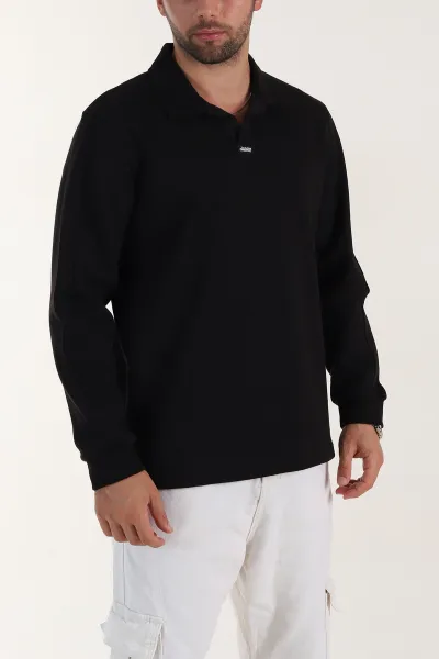 Siyah Polo Yaka Uzun Kollu Erkek Sweatshirt 397135