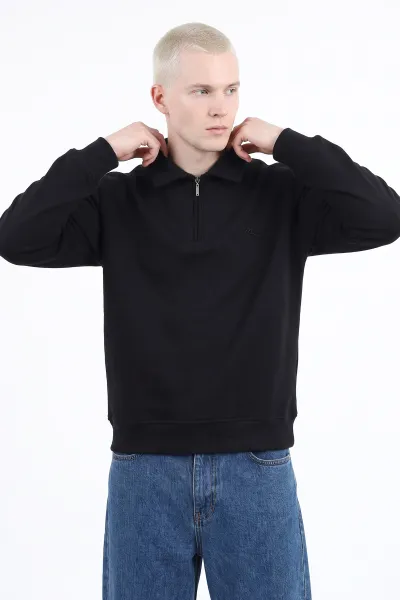 Siyah Polo Yaka Yarım Fermuarlı Erkek Sweatshirt 499387