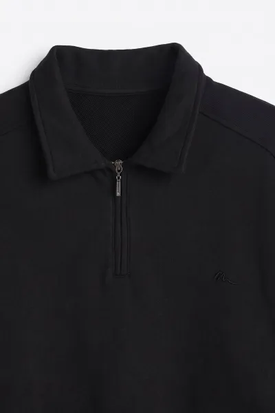 Siyah Polo Yaka Yarım Fermuarlı Erkek Sweatshirt 499387