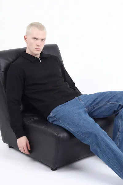 Siyah Polo Yaka Yarım Fermuarlı Erkek Sweatshirt 499387