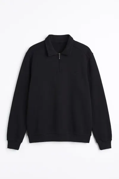 Siyah Polo Yaka Yarım Fermuarlı Erkek Sweatshirt 499387