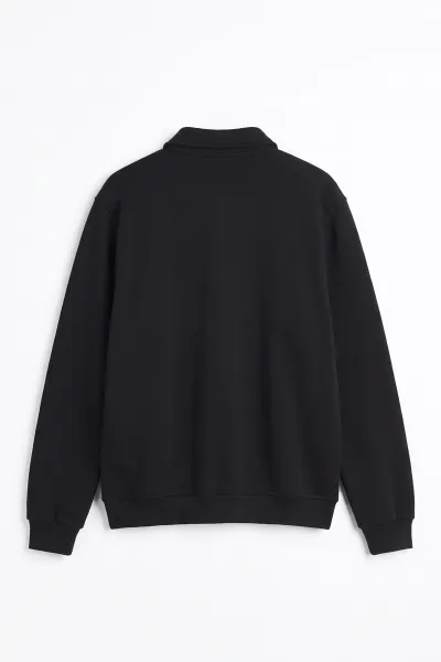 Siyah Polo Yaka Yarım Fermuarlı Erkek Sweatshirt 499387