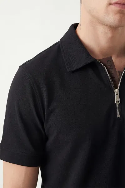 Siyah Polo Yaka Yarım Fermuarlı Erkek Tişört 435359