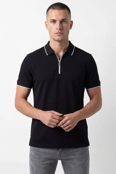 Siyah Polo Yaka Yarım Fermuarlı Erkek Tişört 435376