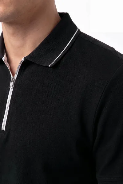 Siyah Polo Yaka Yarım Fermuarlı Erkek Tişört 458864