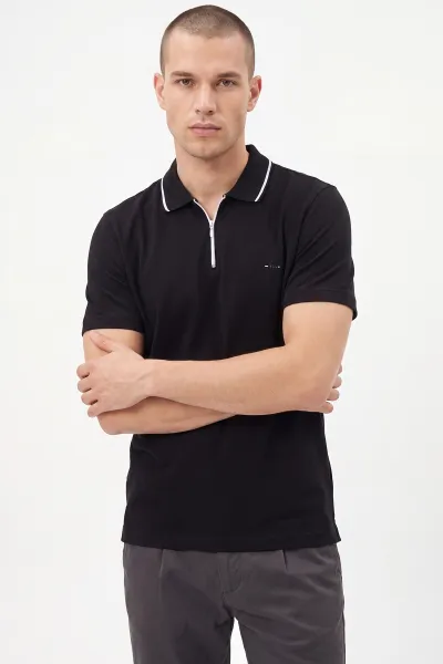 Siyah Polo Yaka Yarım Fermuarlı Erkek Tişört 471700