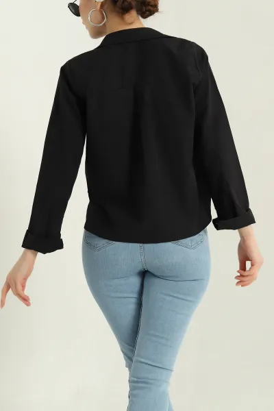 Siyah Poplin Bayan Crop Gömlek 336961