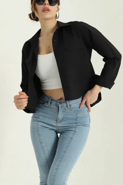 Siyah Poplin Bayan Crop Gömlek 336961