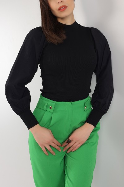 Siyah Poplin Garnili Fitilli Bluz 150489