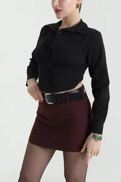 Siyah Poplin Kadın Korse Gömlek 441654