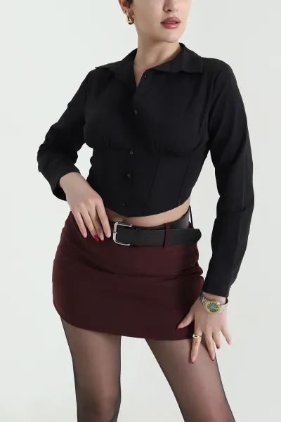 Siyah Poplin Kadın Korse Gömlek 441654