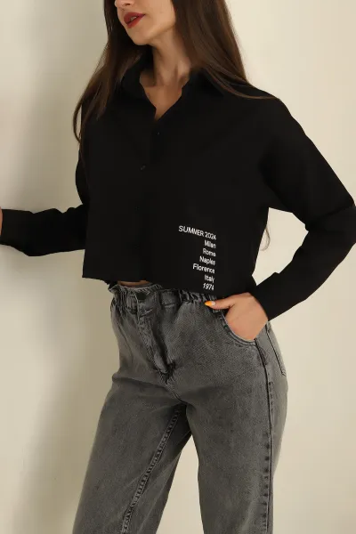 , Siyah Poplin Kumaş Crop Bayan Gömlek 264508